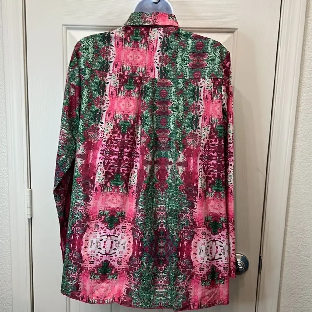 Misslook Blouse Size Medium Collar Button Front Long Sleeve Slimming Pink Green